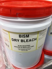 white bucket, orange lid, label - BISM Dry Bleach